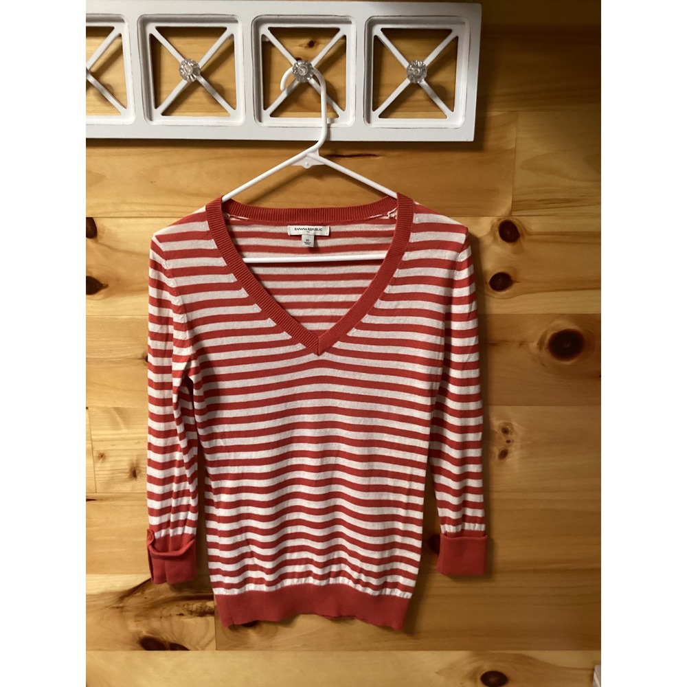 Banana Republic Womens XS Orange Cream Striped Cotton V-Neck 3/4 Sleeve Sweater